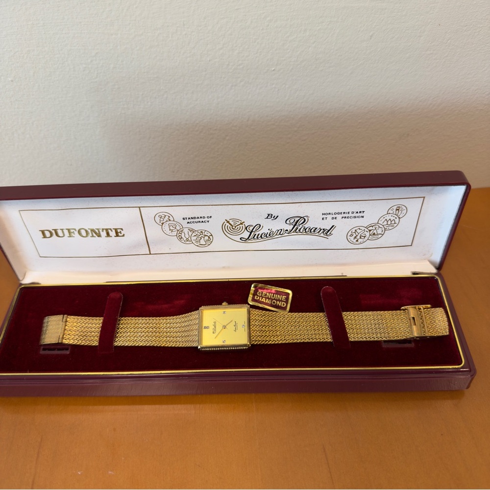 Vintage Dufonte by Lucien Piccard Gold Mesh Diamond Watch Swiss Made Box & Cert